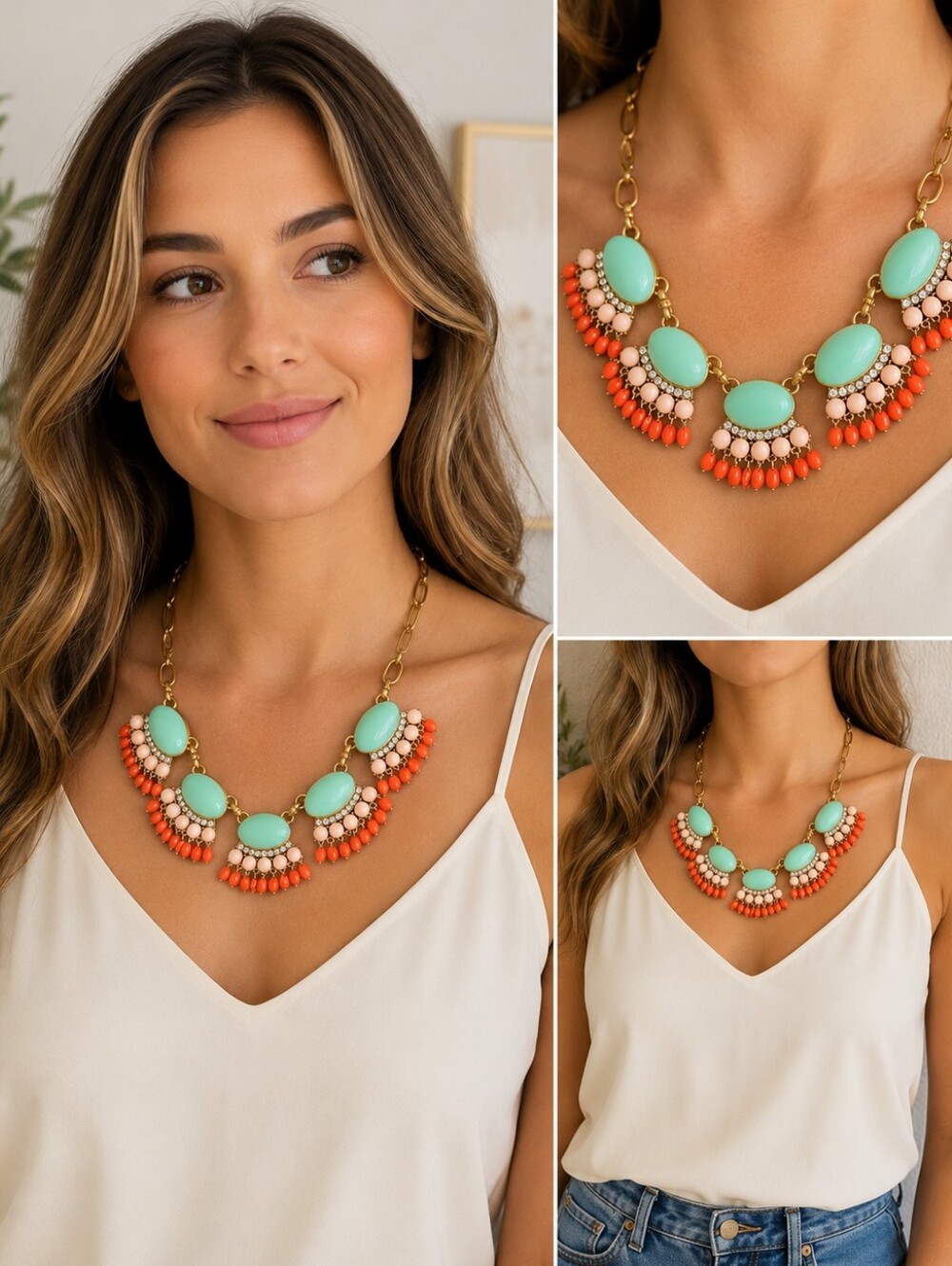 J.Crew Mint Green Coral Statement Bib Necklace 16" + 3" Extender - Picture 3 of 11